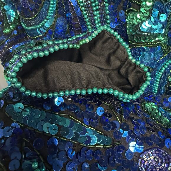 Vintage Laurence Kazar Silk Sequin Jacket XL Blue Green Beaded Evening Coat 80s - Picture 9 of 10